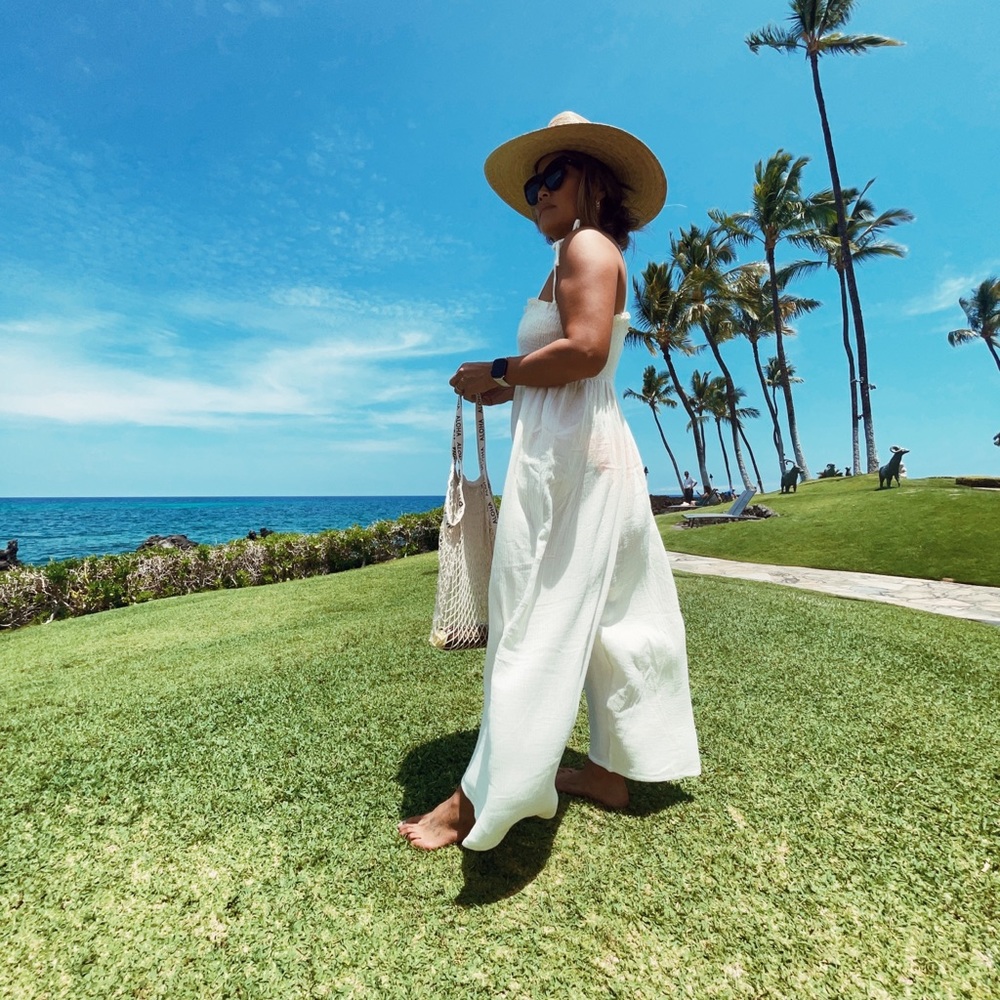 Gauze jumpsuit, smocked elastic bust, square neck, tie straps, wide leg